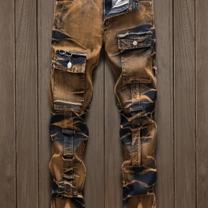 Men's straight ripped camouflage printed jeans
