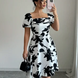 Black & White Floral Print A-Line Dress