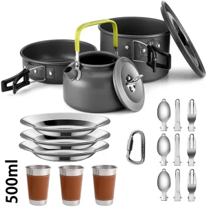 🍳 Camping Cookware Set for 2–3 People – Portable Non-Stick Pots, Pan & Kettle