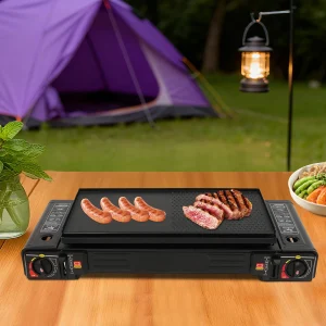 2 Burner Portable Camping Stove – 2.5KW Auto Ignition Gas Stove with Baking Tray & Carrying Case