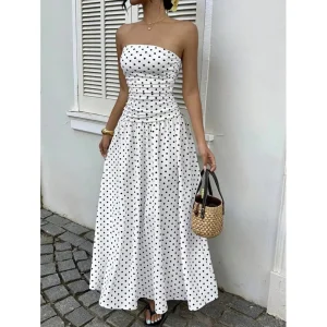 Women's Polka Dot Tube Top Jumpsuit Dress – Elegant Vacation Style Layered Wide Leg Outfit