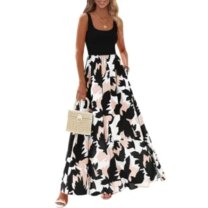KIRUNDO Women's Summer Sleeveless Boho Floral Maxi Dress – Scoop Neck A-Line Flowy Beach Vacation Resort Wear Sundress
