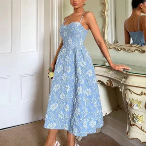 Glamine Blue Elegant Backless Jacquard Maxi Dress – Women's Spaghetti Strap Summer Flared Long Dress