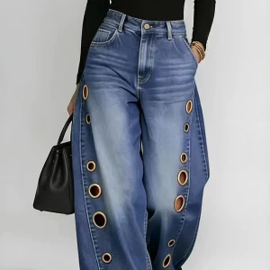 Retro High-Waisted Wide-Leg Jeans with Metallic Eyelets – Distressed Washed Denim