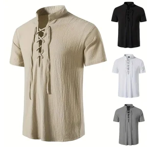 Men's Retro Cotton Linen Short Sleeve Shirt – Lightweight Breathable V-Neck Casual Summer Top