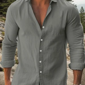 Men's Solid Cotton Long Sleeve Shirt – Classic Collar Slim Fit Casual Button-Up with Roll-Up Sleeves