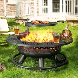 36-Inch Outdoor Fire Pit with Grill – 3-in-1 Wood Burning Fire Pit Table with Cooking Grate, Metal Lid & Fire Poker