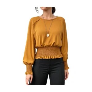 Women's Round Neck Long Sleeve Blouse – Raglan Shoulder Smocked Waist Ruffle Cuff Women's Elegant Casual Top