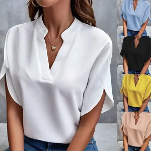 Women’s Elegant V-Neck Chiffon Blouse – Casual Short Sleeve Loose Fit Summer Office Top