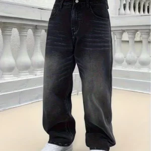 Men's Loose Wide-Leg Black Washed Jeans – Multi-Pocket Casual Denim Pants