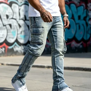 HME Men's Flared Denim Pants – Vintage Light Blue Ripped Jeans with Zipper Hem