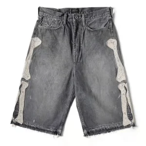Retro Y2K Embroidered Bone Denim Shorts – Casual High-Waisted Loose Fit Streetwear