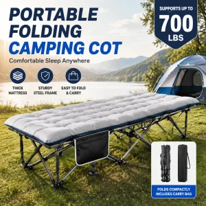Portable Folding Camping Cot with Thick Padded Mattress – Heavy-Duty Folding Bed for Camping, Travel & Home